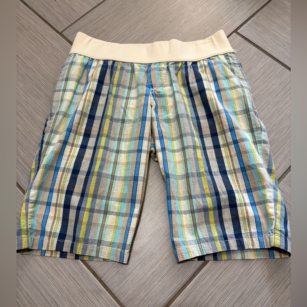Target Women's Maternity Plaid Bermuda Shorts in Navy, Yellow, Cream, Blue